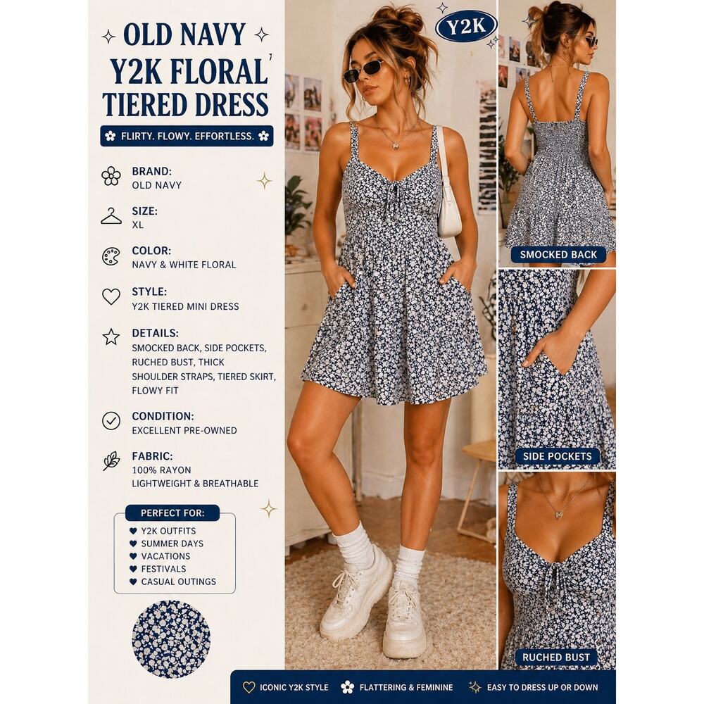 NWT Old Navy Floral Y2K Mini Dress XL Smocked Back Pockets Blue White